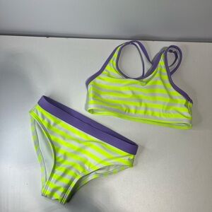 Girls Swim Striped Bikini Set - Purple Neon Yellow and white Size 6- 6X